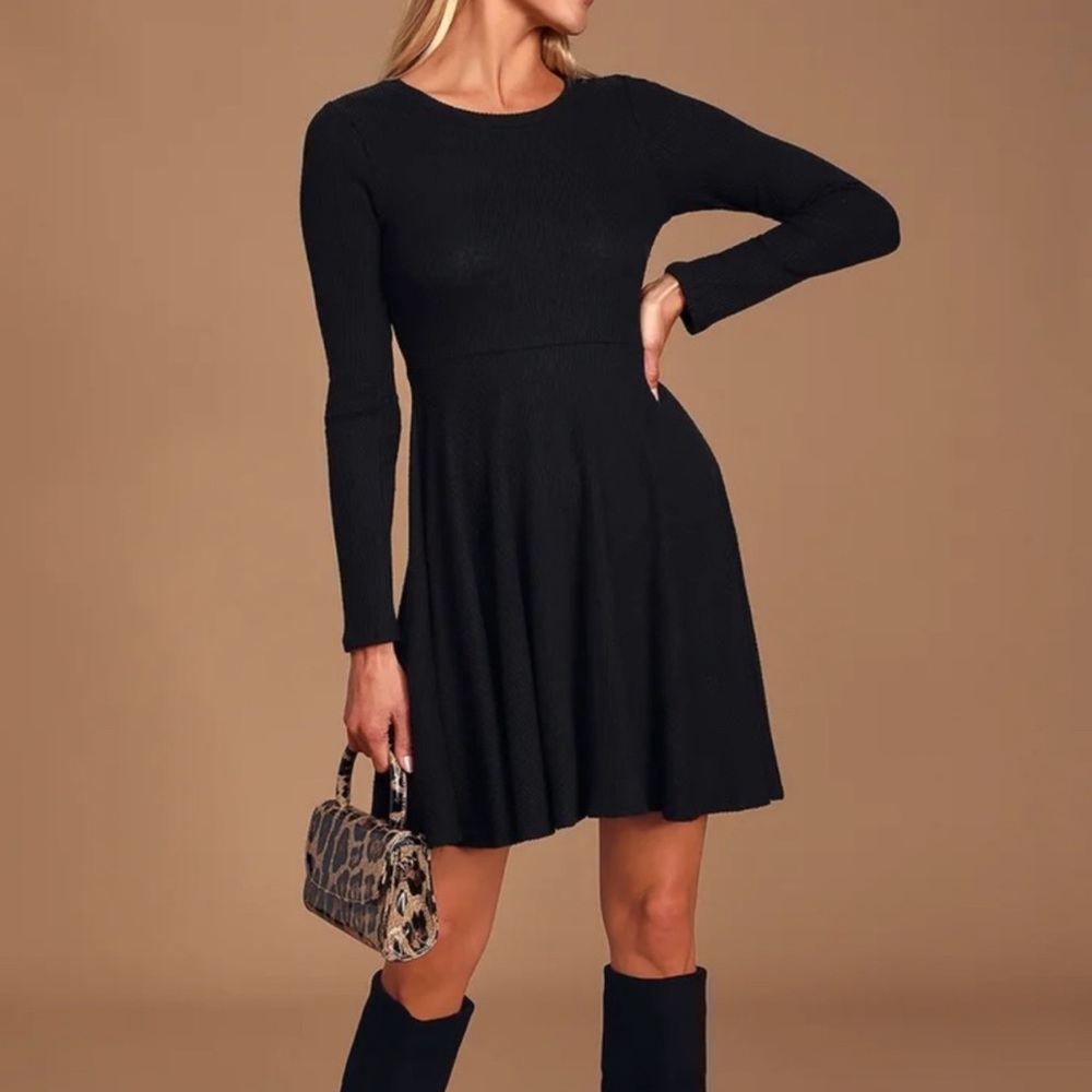 Lulus Soft Ribbed Black Long Sleeve Dress